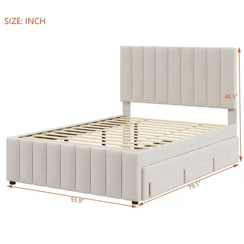 GDF Studio Middleton Upholstered Platform Bed with Twin Size Trundle and 3 Drawers, Linen Fabric