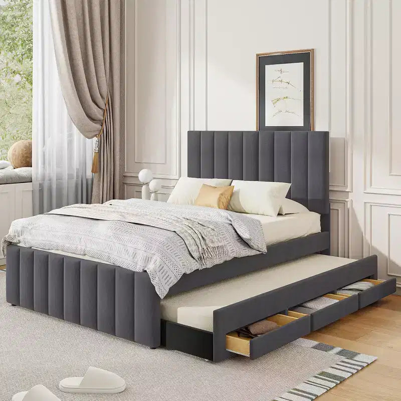 GDF Studio Middleton Upholstered Platform Bed with Twin Size Trundle and 3 Drawers, Linen Fabric