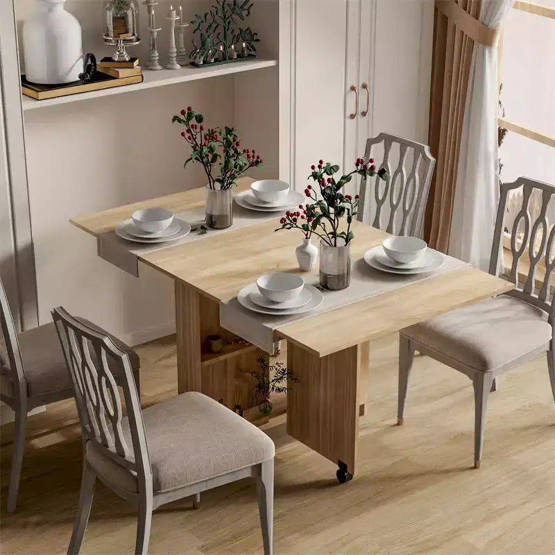Versatile Folding Dining Table with 2 Wheels and 2 Storage Racks, Space Saving Rectangular Table for Kitchen Dining Room Living Room, Natural