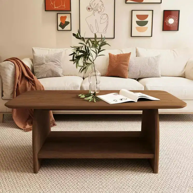 MAYEERTY 47 inch Modern Living Room Coffee Table, Double Layer Rectanglar Coffee Table with Storage Function Rounded Corner Brown