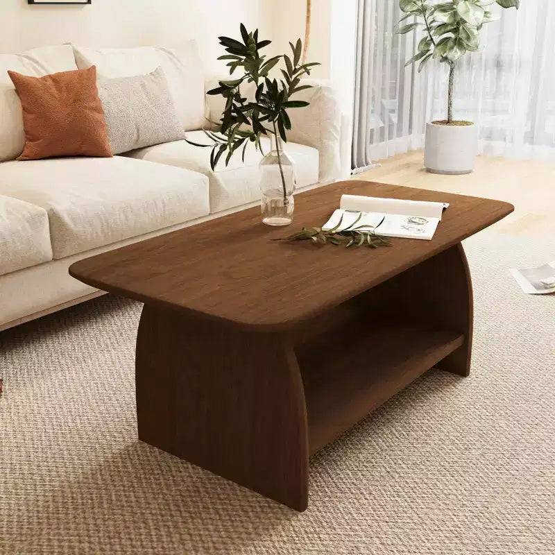 MAYEERTY 47 inch Modern Living Room Coffee Table, Double Layer Rectanglar Coffee Table with Storage Function Rounded Corner Brown