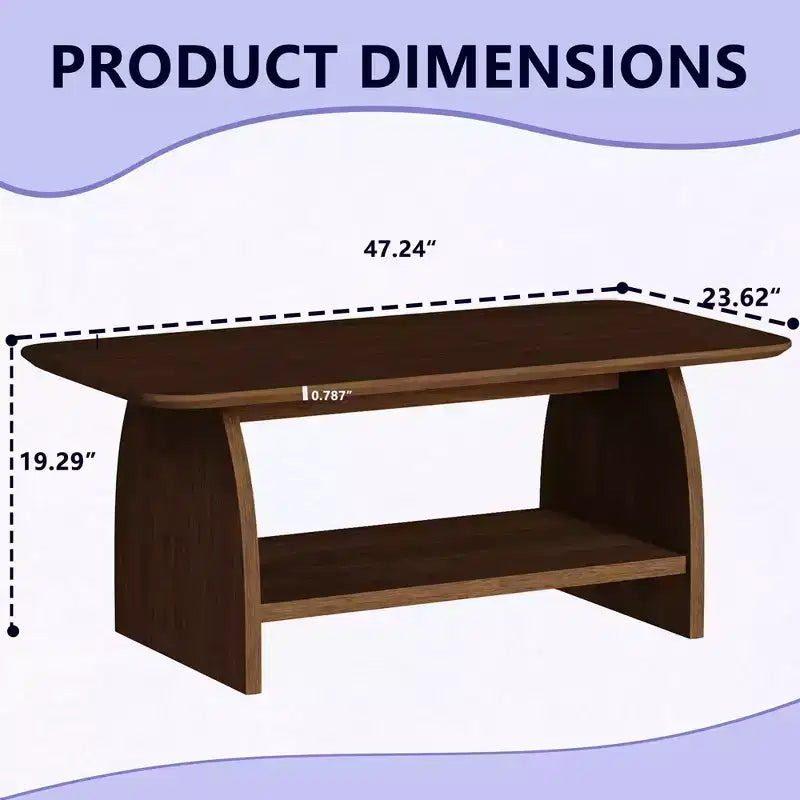 MAYEERTY 47 inch Modern Living Room Coffee Table, Double Layer Rectanglar Coffee Table with Storage Function Rounded Corner Brown