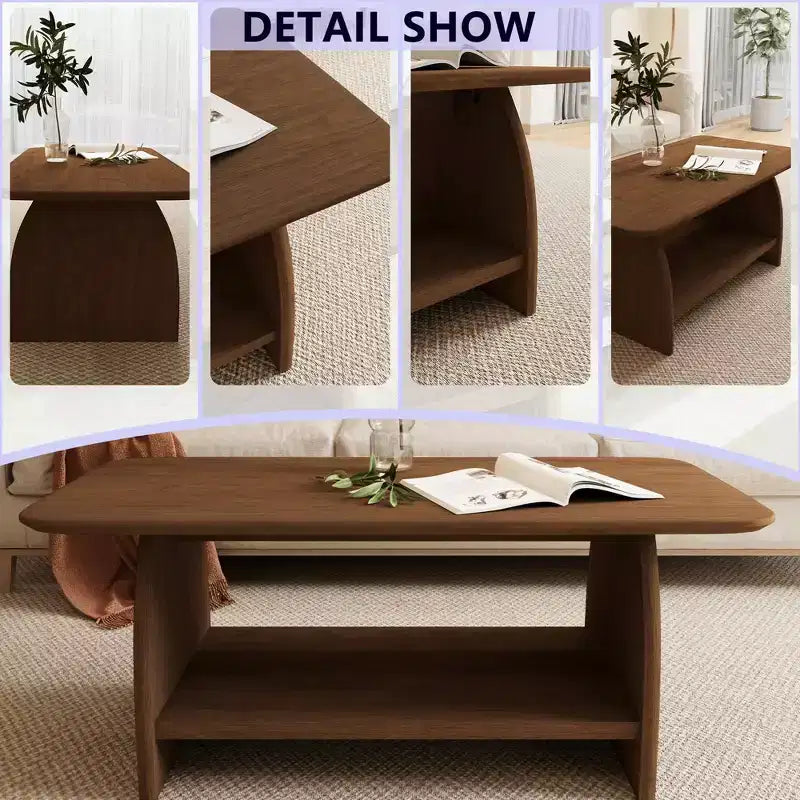 MAYEERTY 47 inch Modern Living Room Coffee Table, Double Layer Rectanglar Coffee Table with Storage Function Rounded Corner Brown