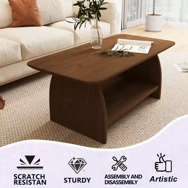 MAYEERTY 47 inch Modern Living Room Coffee Table, Double Layer Rectanglar Coffee Table with Storage Function Rounded Corner Brown