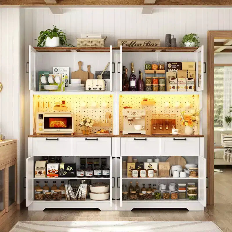 Besiost Set of 2 71 Tall Farmhouse Kitchen Storage Cabinet with Door and Drawers, Freestanding Buffet Table with Shelves
