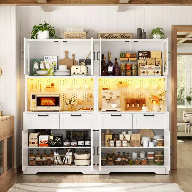 Besiost Set of 2 71 Tall Farmhouse Kitchen Storage Cabinet with Door and Drawers, Freestanding Buffet Table with Shelves
