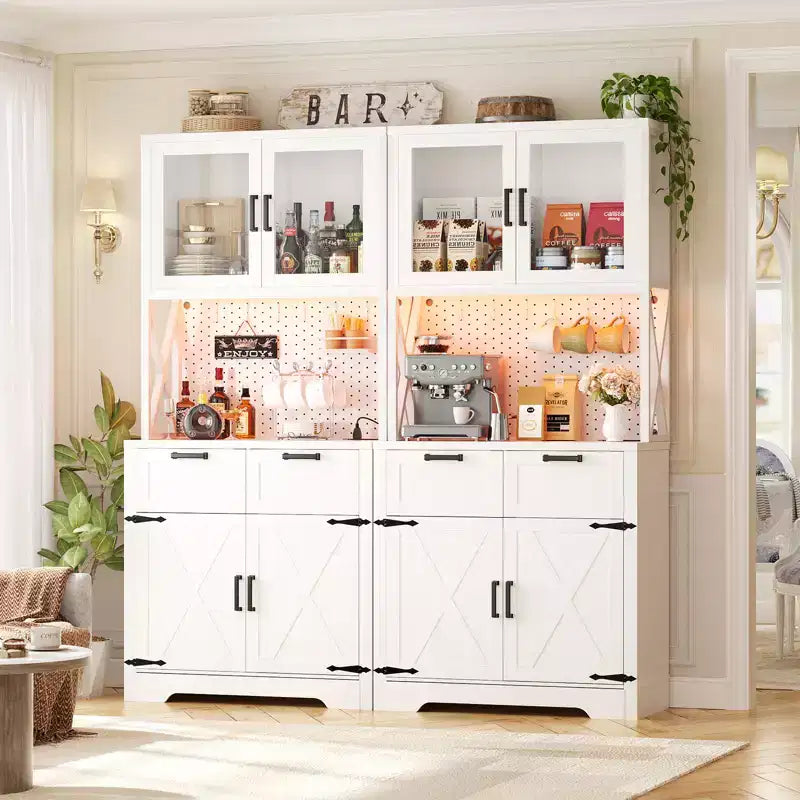 Besiost Set of 2 71 Tall Farmhouse Kitchen Storage Cabinet with Door and Drawers, Freestanding Buffet Table with Shelves