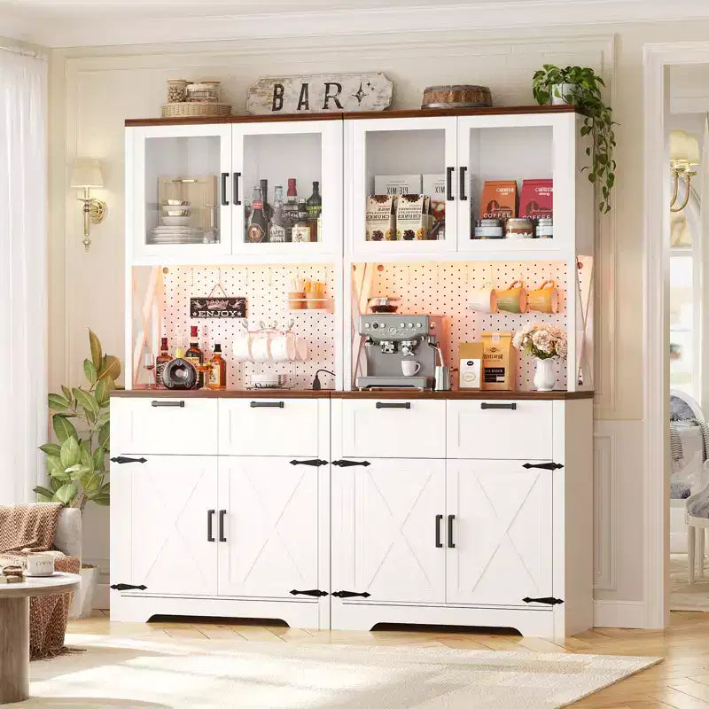Besiost Set of 2 71 Tall Farmhouse Kitchen Storage Cabinet with Door and Drawers, Freestanding Buffet Table with Shelves