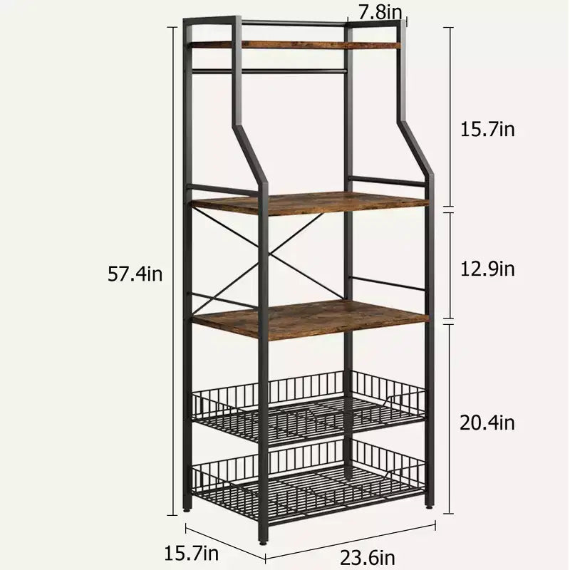 Industrial 5-Tier Bakers Rack with 2 Large Wire Baskets & 8 Hooks - Kitchen Microwave Stand & Coffee Bar Storage Shelves