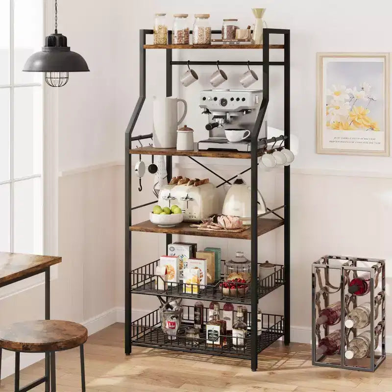 Industrial 5-Tier Bakers Rack with 2 Large Wire Baskets & 8 Hooks - Kitchen Microwave Stand & Coffee Bar Storage Shelves