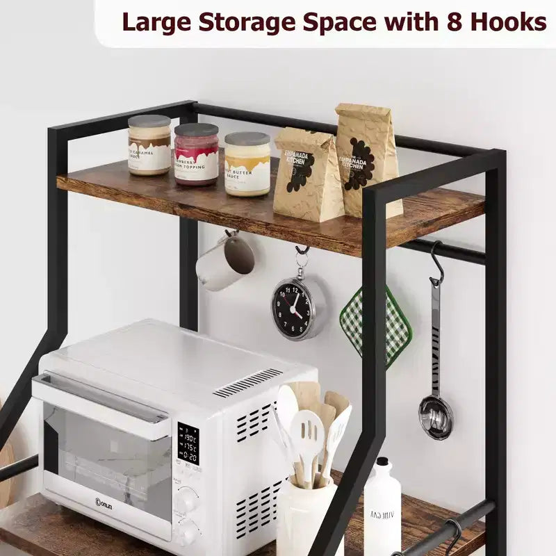 Industrial 5-Tier Bakers Rack with 2 Large Wire Baskets & 8 Hooks - Kitchen Microwave Stand & Coffee Bar Storage Shelves