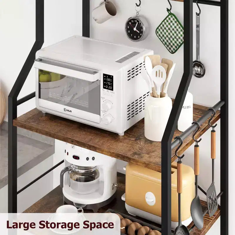 Industrial 5-Tier Bakers Rack with 2 Large Wire Baskets & 8 Hooks - Kitchen Microwave Stand & Coffee Bar Storage Shelves