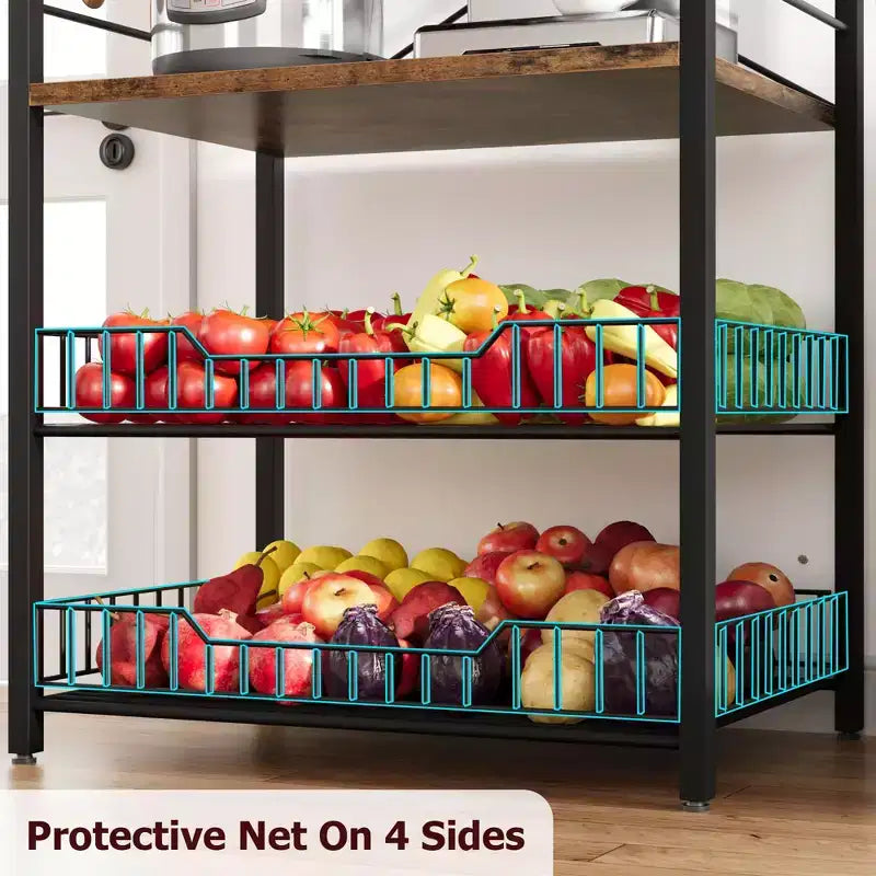 Industrial 5-Tier Bakers Rack with 2 Large Wire Baskets & 8 Hooks - Kitchen Microwave Stand & Coffee Bar Storage Shelves
