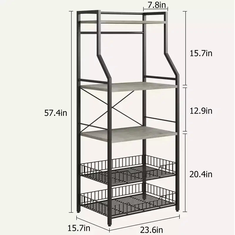 Industrial 5-Tier Bakers Rack with 2 Large Wire Baskets & 8 Hooks - Kitchen Microwave Stand & Coffee Bar Storage Shelves