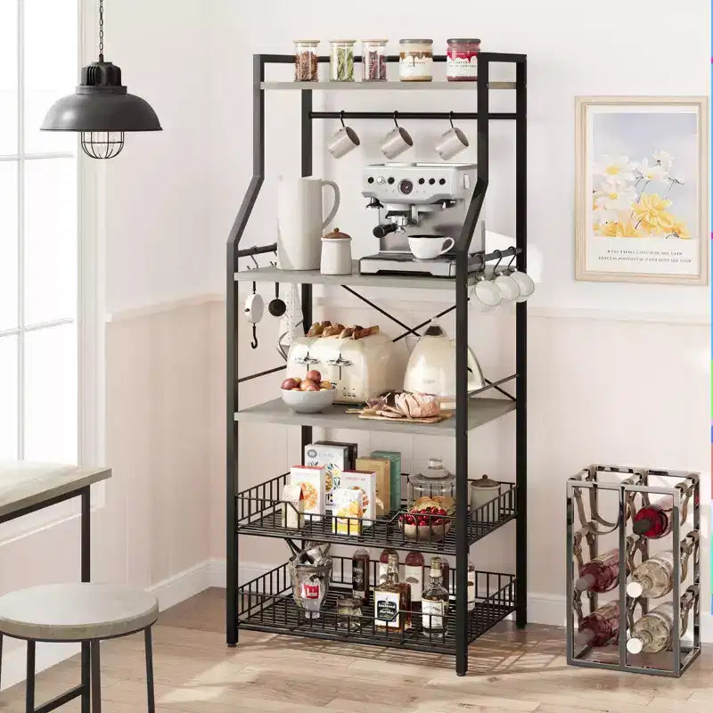 Industrial 5-Tier Bakers Rack with 2 Large Wire Baskets & 8 Hooks - Kitchen Microwave Stand & Coffee Bar Storage Shelves