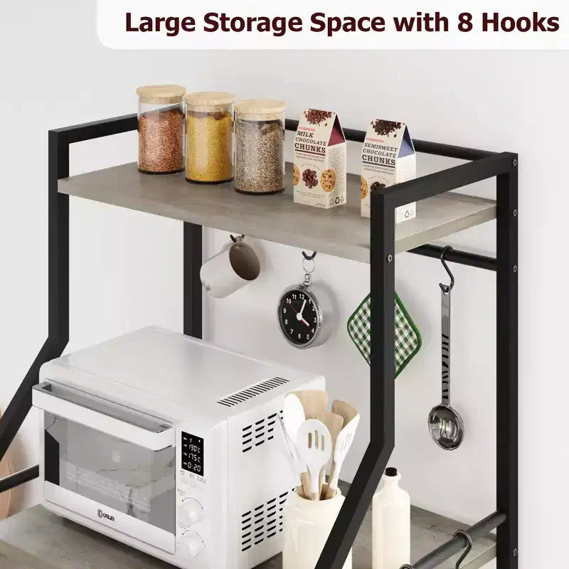 Industrial 5-Tier Bakers Rack with 2 Large Wire Baskets & 8 Hooks - Kitchen Microwave Stand & Coffee Bar Storage Shelves