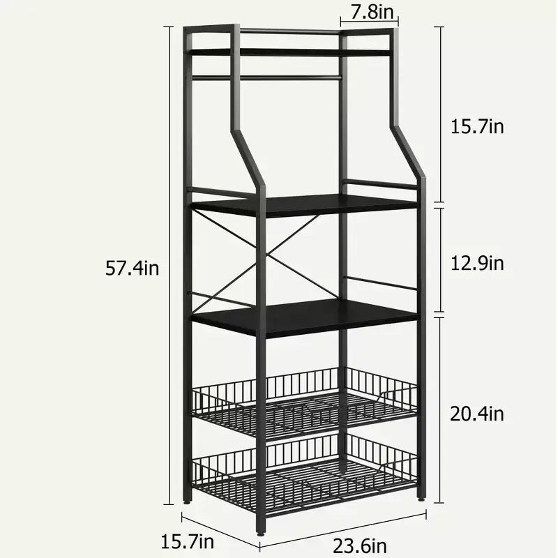 Industrial 5-Tier Bakers Rack with 2 Large Wire Baskets & 8 Hooks - Kitchen Microwave Stand & Coffee Bar Storage Shelves