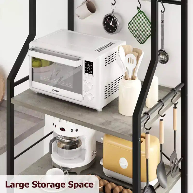 Industrial 5-Tier Bakers Rack with 2 Large Wire Baskets & 8 Hooks - Kitchen Microwave Stand & Coffee Bar Storage Shelves