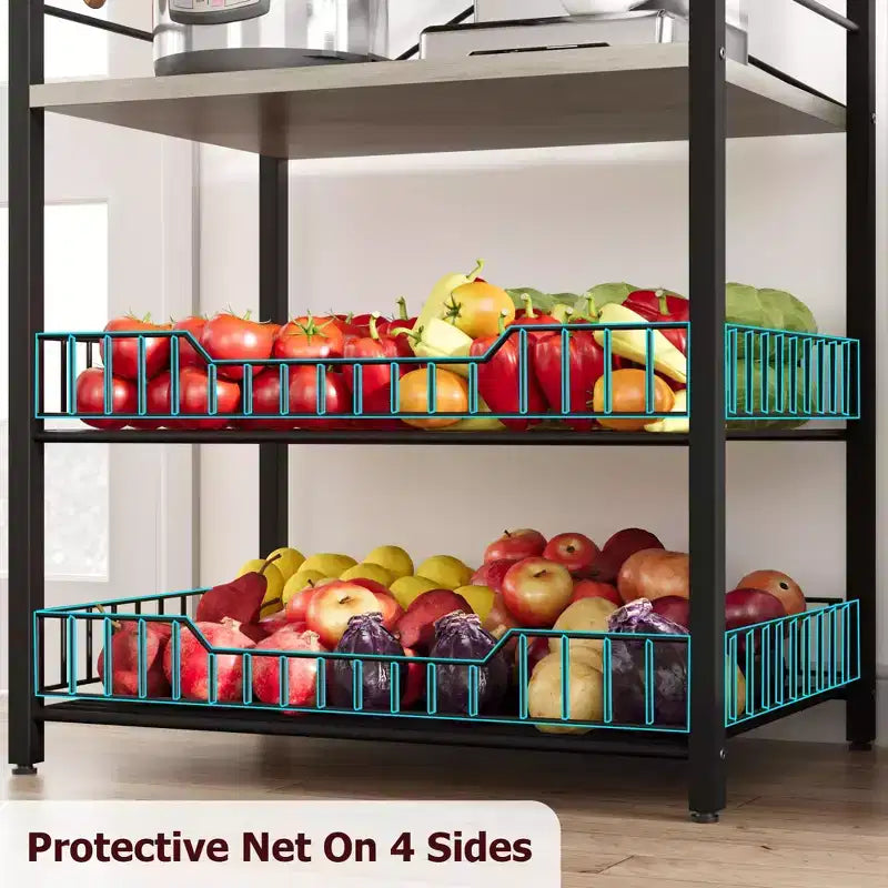 Industrial 5-Tier Bakers Rack with 2 Large Wire Baskets & 8 Hooks - Kitchen Microwave Stand & Coffee Bar Storage Shelves