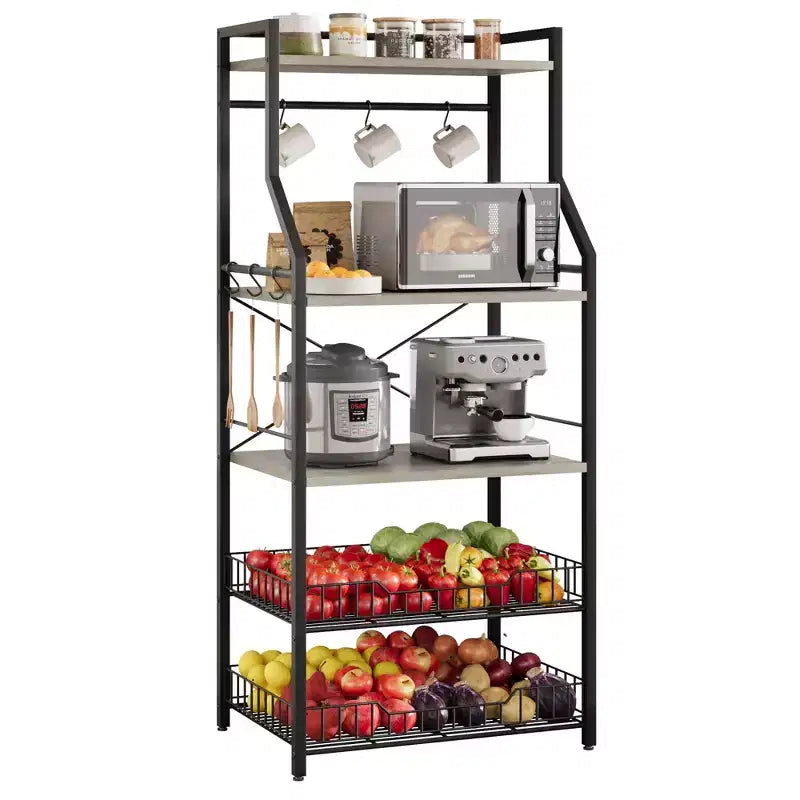 Industrial 5-Tier Bakers Rack with 2 Large Wire Baskets & 8 Hooks - Kitchen Microwave Stand & Coffee Bar Storage Shelves