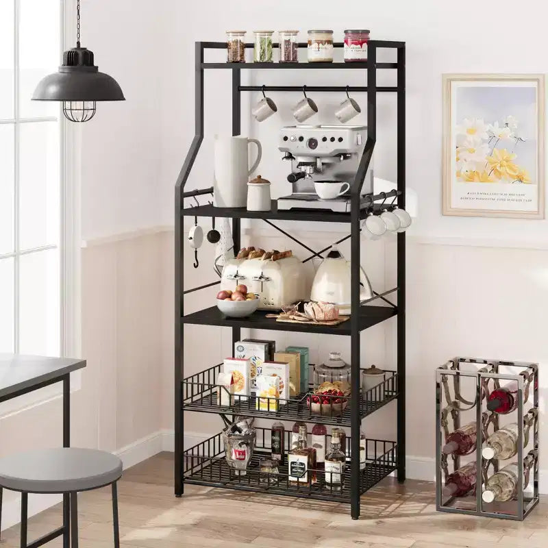 Industrial 5-Tier Bakers Rack with 2 Large Wire Baskets & 8 Hooks - Kitchen Microwave Stand & Coffee Bar Storage Shelves