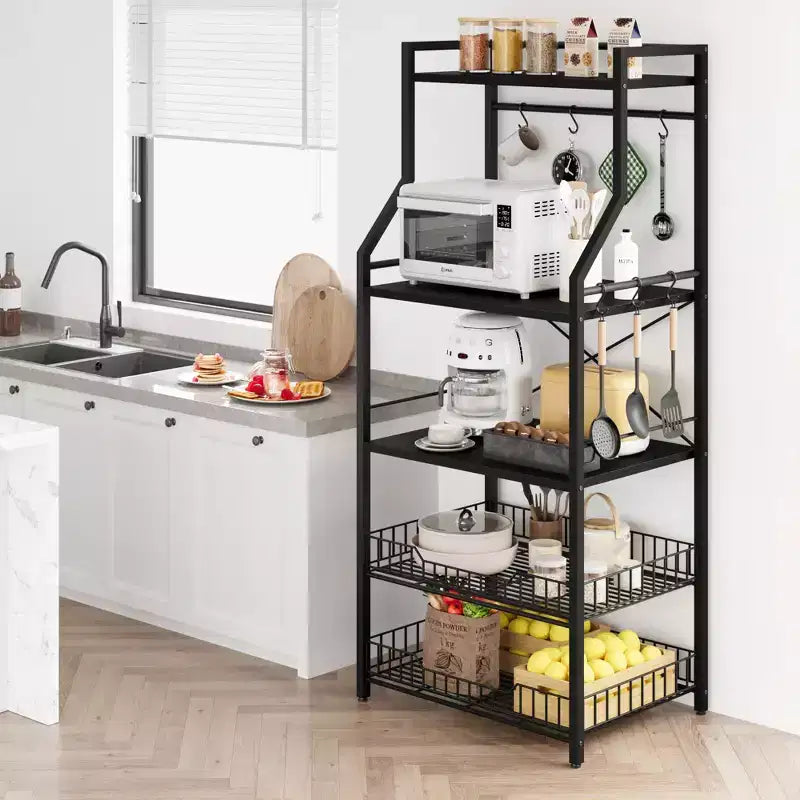 Industrial 5-Tier Bakers Rack with 2 Large Wire Baskets & 8 Hooks - Kitchen Microwave Stand & Coffee Bar Storage Shelves
