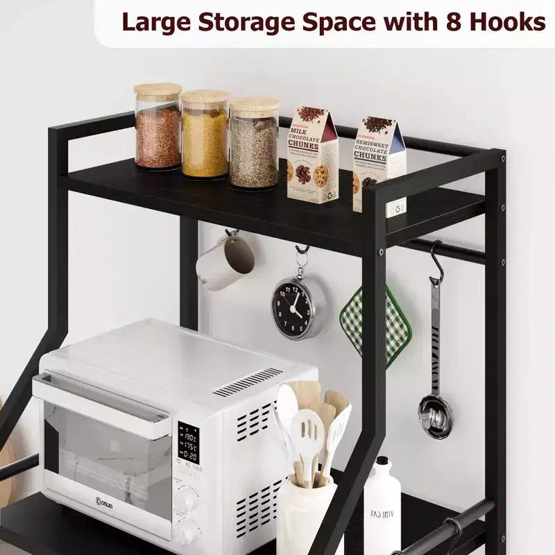 Industrial 5-Tier Bakers Rack with 2 Large Wire Baskets & 8 Hooks - Kitchen Microwave Stand & Coffee Bar Storage Shelves