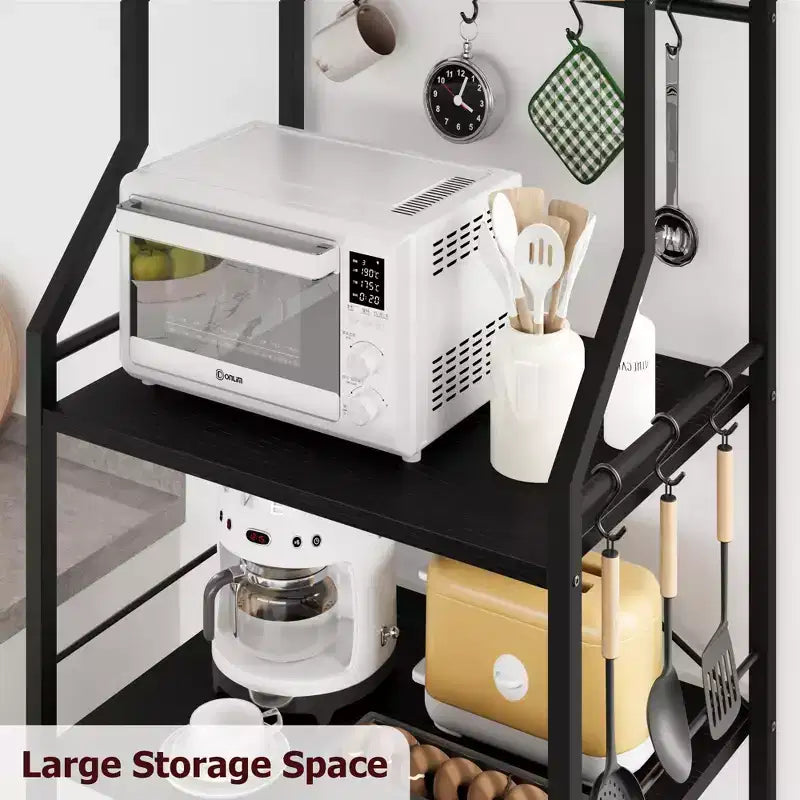 Industrial 5-Tier Bakers Rack with 2 Large Wire Baskets & 8 Hooks - Kitchen Microwave Stand & Coffee Bar Storage Shelves