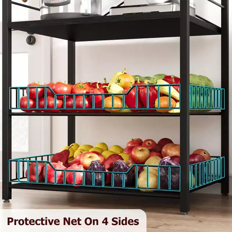 Industrial 5-Tier Bakers Rack with 2 Large Wire Baskets & 8 Hooks - Kitchen Microwave Stand & Coffee Bar Storage Shelves