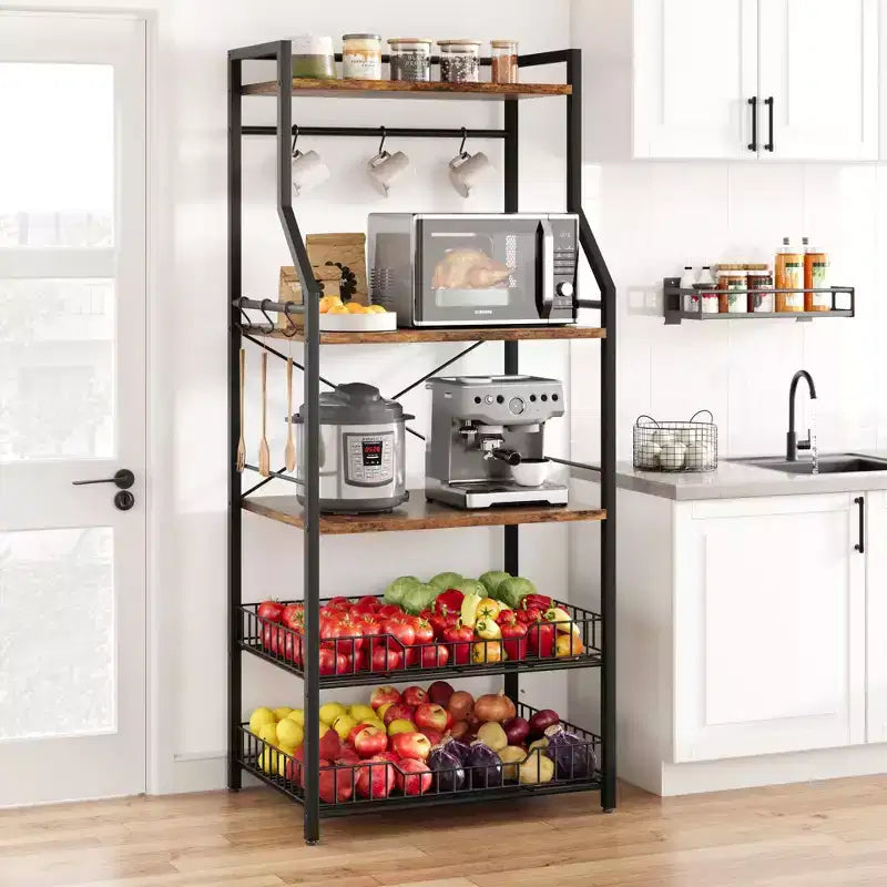Industrial 5-Tier Bakers Rack with 2 Large Wire Baskets & 8 Hooks - Kitchen Microwave Stand & Coffee Bar Storage Shelves