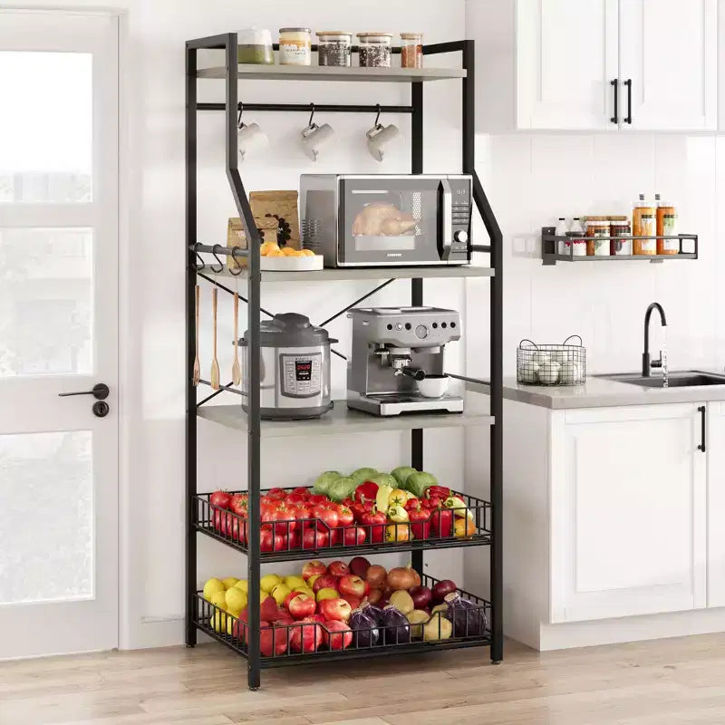 Industrial 5-Tier Bakers Rack with 2 Large Wire Baskets & 8 Hooks - Kitchen Microwave Stand & Coffee Bar Storage Shelves