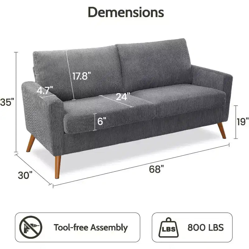 Mid Century Modern Loveseat, 68-inch 2-Seater Sofa with 24-inch Deep Seat, Solid Wood Frame, Tool-Free Assembly for Small Spaces