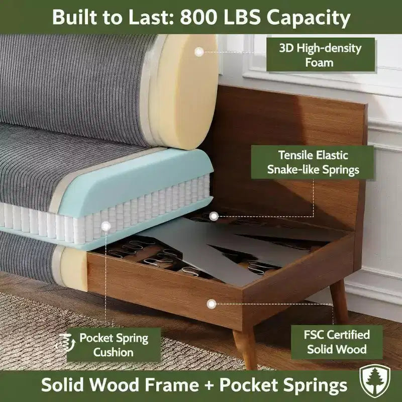 Mid Century Modern Loveseat, 68-inch 2-Seater Sofa with 24-inch Deep Seat, Solid Wood Frame, Tool-Free Assembly for Small Spaces