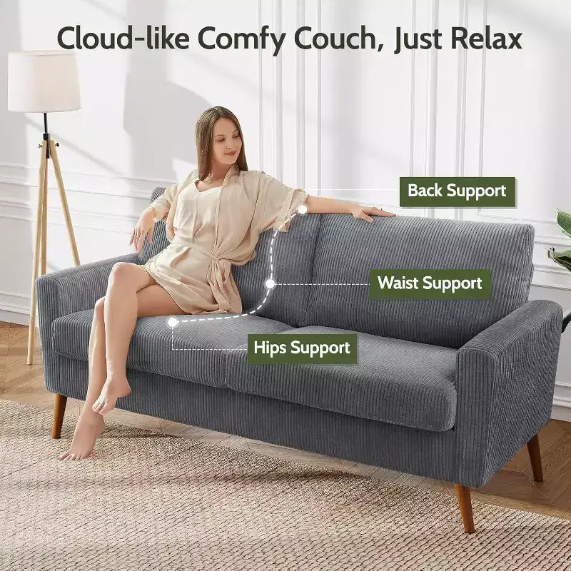 Mid Century Modern Loveseat, 68-inch 2-Seater Sofa with 24-inch Deep Seat, Solid Wood Frame, Tool-Free Assembly for Small Spaces