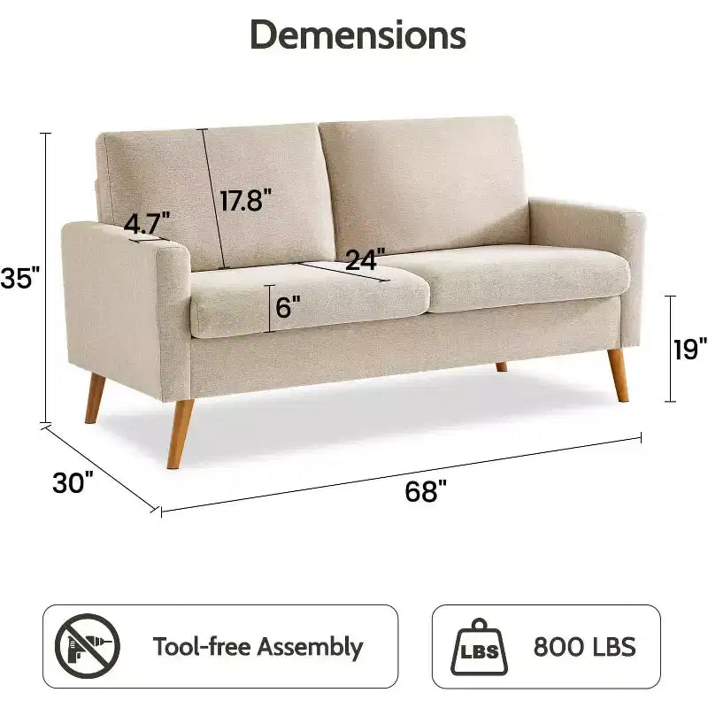 Mid Century Modern Loveseat, 68-inch 2-Seater Sofa with 24-inch Deep Seat, Solid Wood Frame, Tool-Free Assembly for Small Spaces