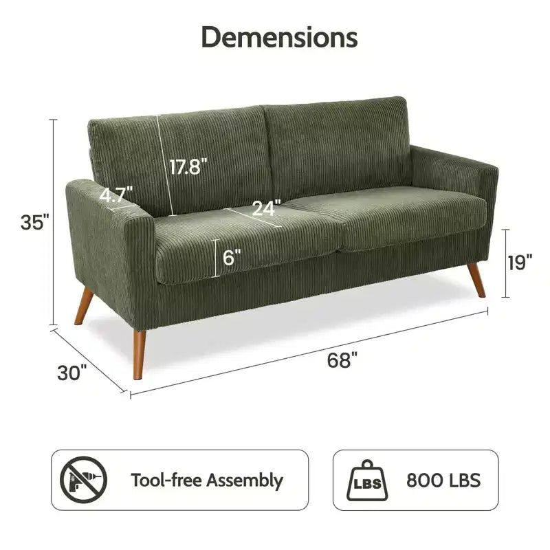 Mid Century Modern Loveseat, 68-inch 2-Seater Sofa with 24-inch Deep Seat, Solid Wood Frame, Tool-Free Assembly for Small Spaces