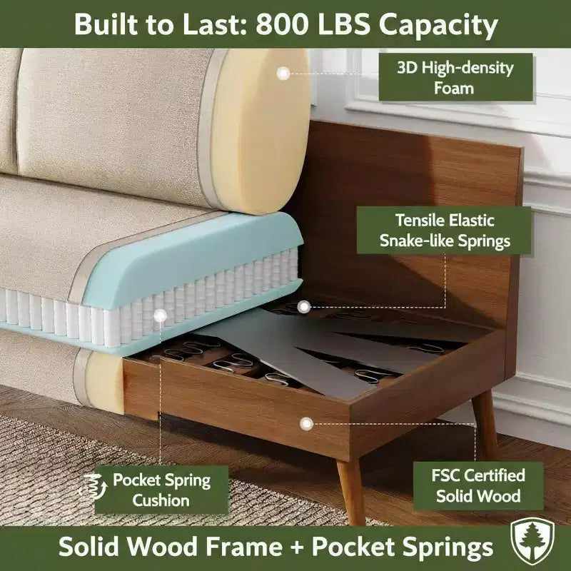 Mid Century Modern Loveseat, 68-inch 2-Seater Sofa with 24-inch Deep Seat, Solid Wood Frame, Tool-Free Assembly for Small Spaces