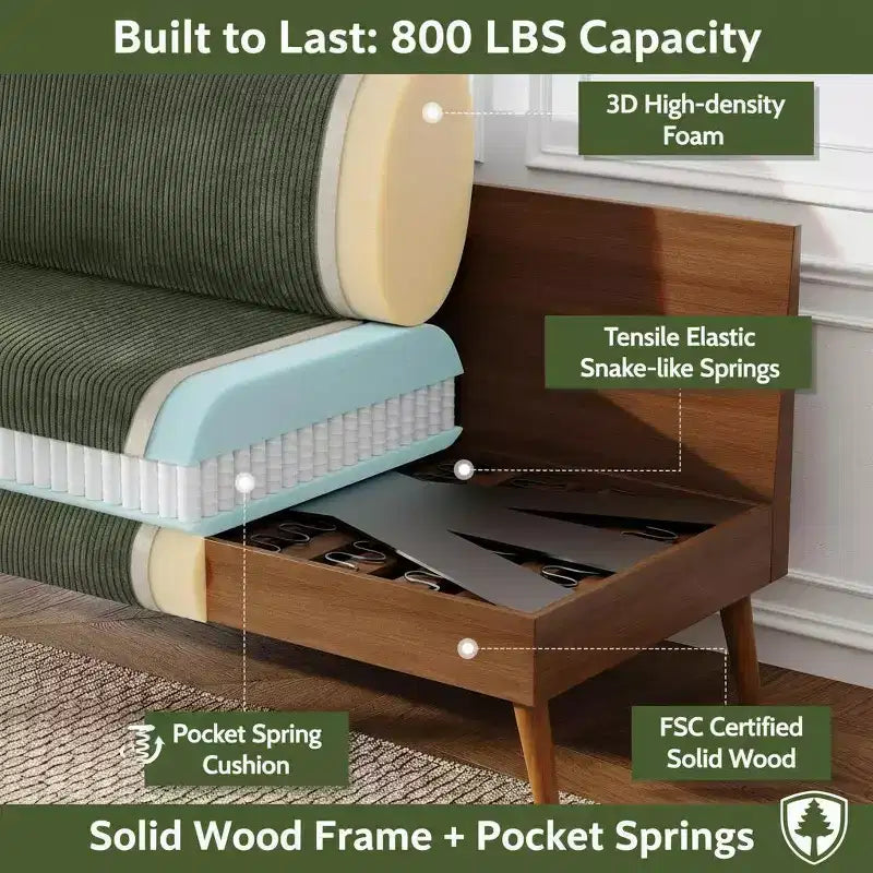 Mid Century Modern Loveseat, 68-inch 2-Seater Sofa with 24-inch Deep Seat, Solid Wood Frame, Tool-Free Assembly for Small Spaces