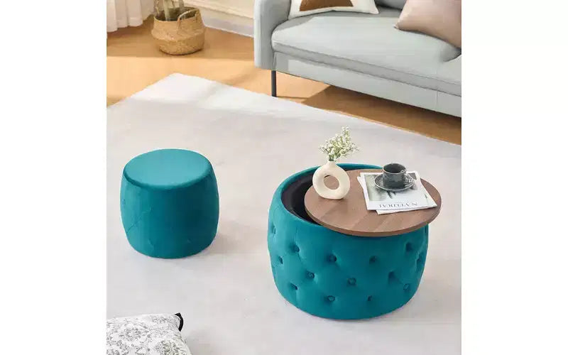 GDFStudio Jorik Modern 2 Piece Wooden Velvet Upholstered Round Nesting Storage Ottomans