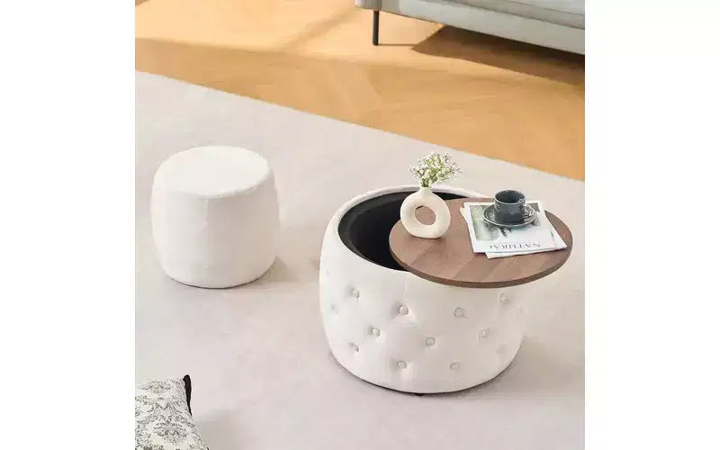 GDFStudio Jorik Modern 2 Piece Wooden Velvet Upholstered Round Nesting Storage Ottomans