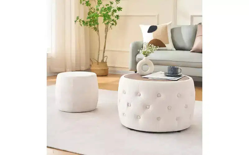 GDFStudio Jorik Modern 2 Piece Wooden Velvet Upholstered Round Nesting Storage Ottomans