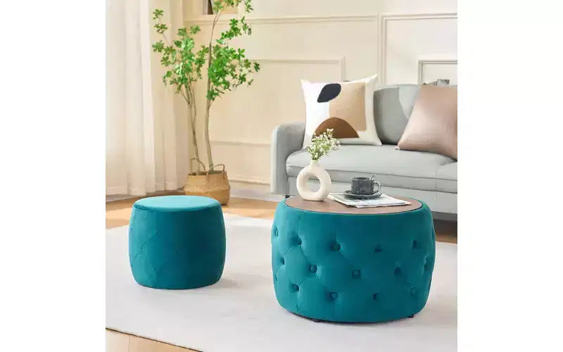 GDFStudio Jorik Modern 2 Piece Wooden Velvet Upholstered Round Nesting Storage Ottomans
