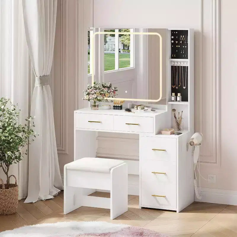 Makeup Vanity Set with Mirror and Lights, Vanity Desk with 5 Drawers, Stool & Power Outlet, 3-Color Lighting Modes with Adjustable Brightness