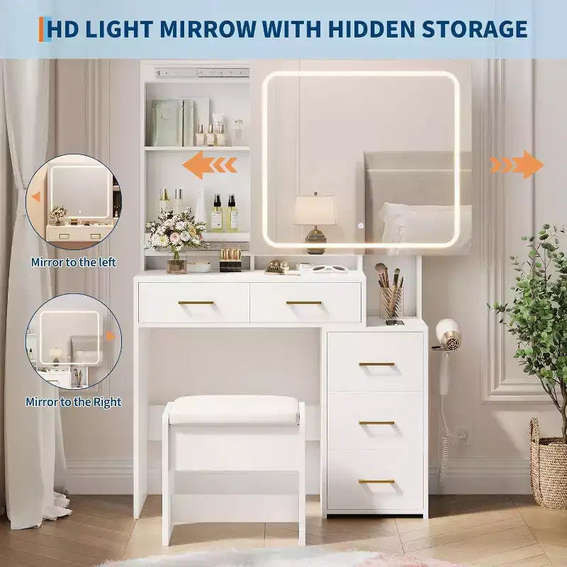 Makeup Vanity Set with Mirror and Lights, Vanity Desk with 5 Drawers, Stool & Power Outlet, 3-Color Lighting Modes with Adjustable Brightness