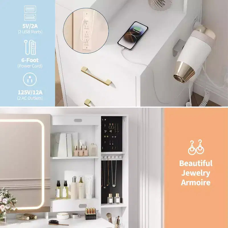Makeup Vanity Set with Mirror and Lights, Vanity Desk with 5 Drawers, Stool & Power Outlet, 3-Color Lighting Modes with Adjustable Brightness
