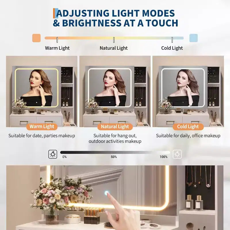Makeup Vanity Set with Mirror and Lights, Vanity Desk with 5 Drawers, Stool & Power Outlet, 3-Color Lighting Modes with Adjustable Brightness