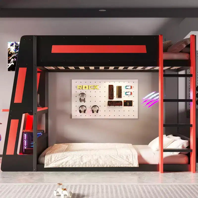 Twin/Full/Queen Gaming Bunk Bed with Built-In Desk, USB Port, LED Lights & Storage Shelves - ModernLuxe