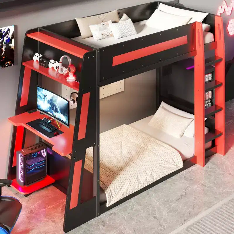Twin/Full/Queen Gaming Bunk Bed with Built-In Desk, USB Port, LED Lights & Storage Shelves - ModernLuxe