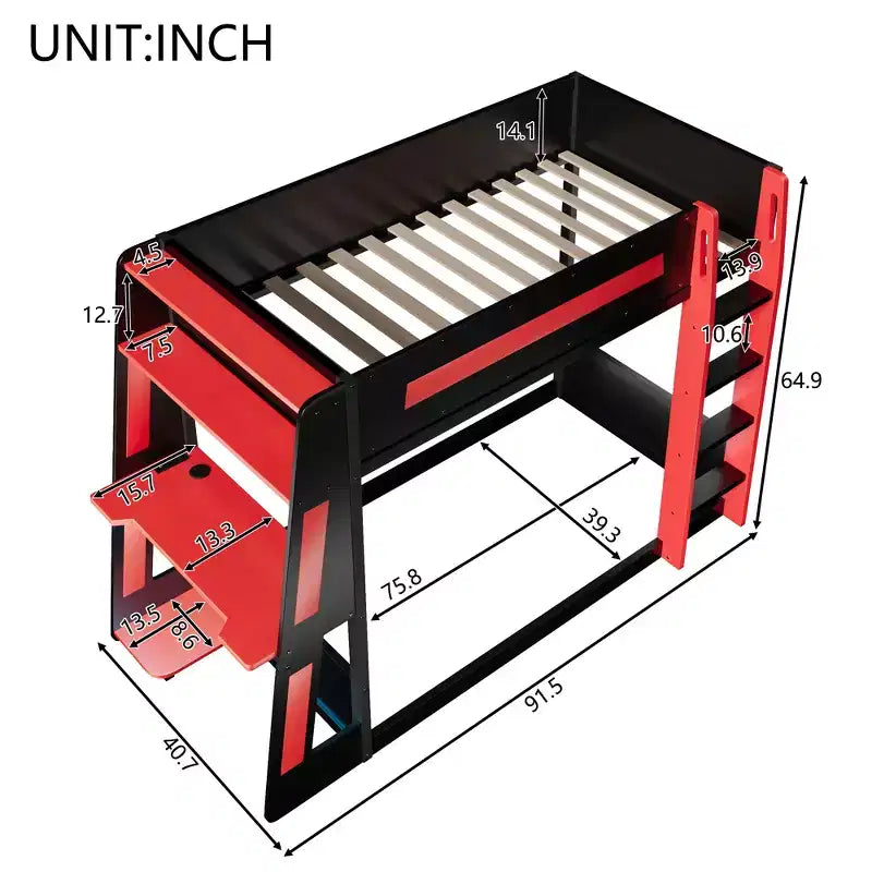 Twin/Full/Queen Gaming Bunk Bed with Built-In Desk, USB Port, LED Lights & Storage Shelves - ModernLuxe