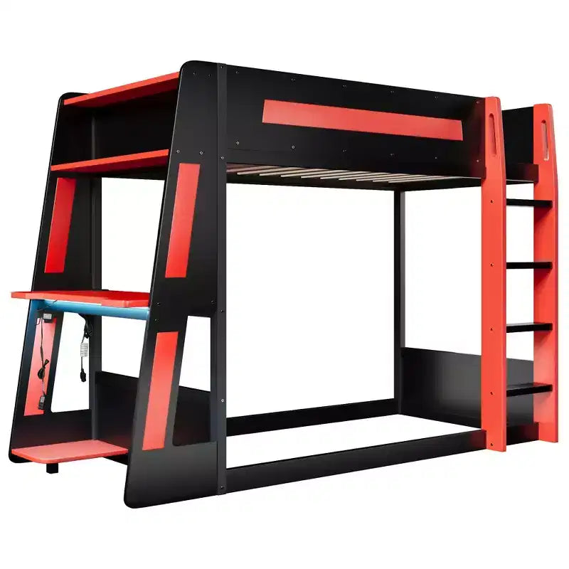 Twin/Full/Queen Gaming Bunk Bed with Built-In Desk, USB Port, LED Lights & Storage Shelves - ModernLuxe